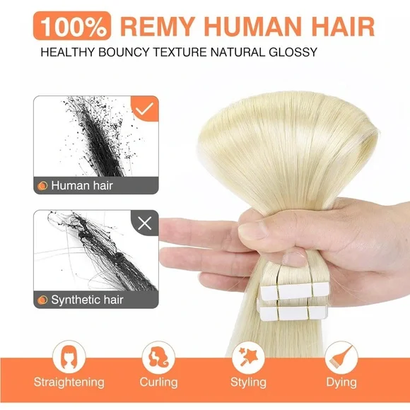 20pcs 50g 16 Inch Platinum Blonde Remy Human Hair,Straight Seamless Tape Ins - Picture 2 of 5